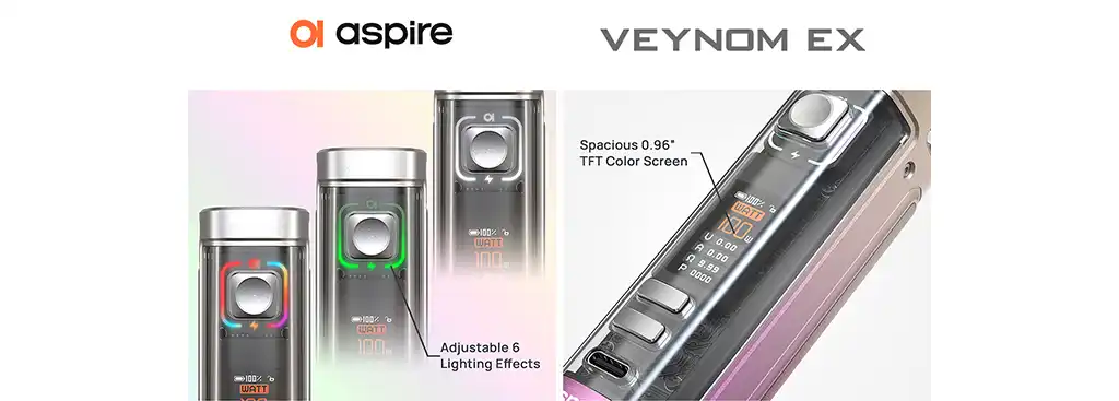 Aspire Veynom EX Vape Kit Lighting effects and TFT Colour screen specs